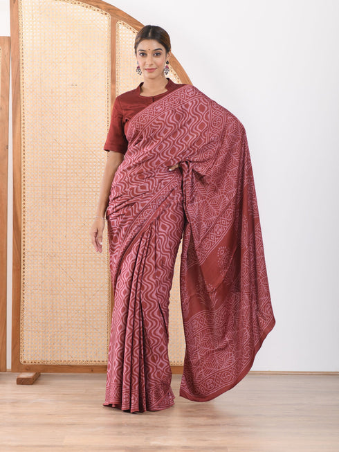 MULMUL ARUSHA BLOCK PRINTED MODAL SATIN SAREE MULMUL ARUSHA BLOCK PRINTED MODAL SATIN SAREE